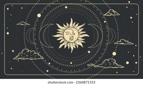 Plantilla mágica de diseño celeste para astrología, adivinación, etc. Dibujo a mano estilo cara de sol, luna creciente en estilo retro esotérico. Ilustración vectorial.