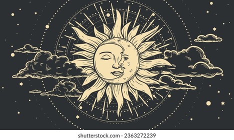 Magical celestial design template for astrology, divination, etc. Hand drawn sketch style sun face, crescent moon in retro esoteric style. Vector illustration.