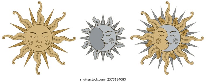 Magical celestial design template for astrology, fortune telling. Sun face, crescent moon in retro esoteric style. Vector illustration.