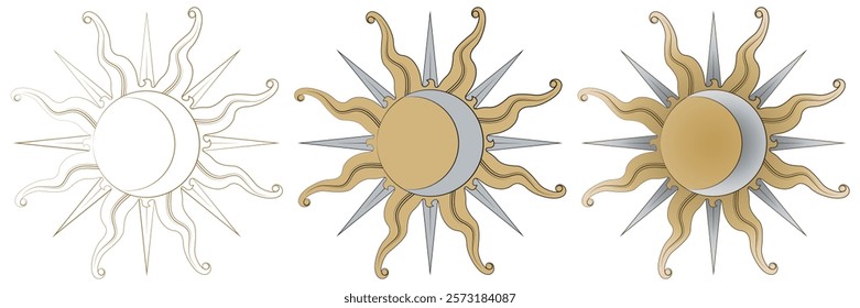 Magical celestial design template for astrology, fortune telling. Sun face, crescent moon in retro esoteric style. Vector illustration.