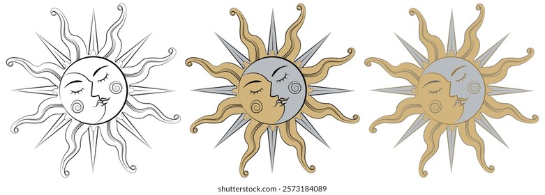 Magical celestial design template for astrology, fortune telling. Sun face, crescent moon in retro esoteric style. Vector illustration.