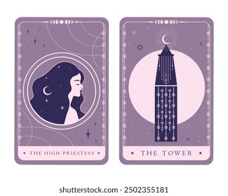 Magical celestial tarot cards of Major Arcana. Tarot symbols The High Priestess and The Tower. Mystery, astrology, alchemy. Vector illustration