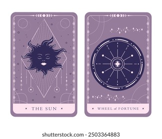 Magical celestial tarot cards of Major Arcana. Tarot symbols The Sun and Wheel of Fortune. Mystery, astrology, alchemy. Vector illustration