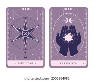 Magical celestial tarot cards of Major Arcana. Tarot symbols The Star and Strength. Mystery, astrology, alchemy. Vector illustration