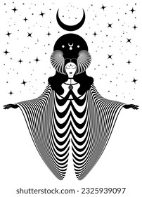 Magical celtic goddess, priestess. Beautiful fairy woman with horns and long dress. Gothic Witch wiccan female sacred design, magic black moon. Vector isolated on starry background in art deco style 