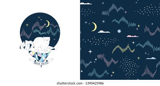 Magical childish fashion textile graphics set with t-shirt print and accompanied tileable background. Polar Bear on iceberg with Northen lights and mountain landscape illustration. Night sky with