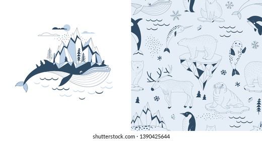 Magical childish pajamas graphics set with t-shirt print and accompanied tileable background. Big Blue Whale with Mountains on his back illustration. Polar Bear Walrus Penguin Narwal Seal Reindeer