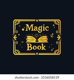 A magical children's book cover with simple hand drawn patterns in gold colors on a dark background. Golden book. Knowledge is gold.