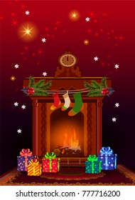 Magical Christmas background with a fireplace and socks with gifts. The clock shows midnight