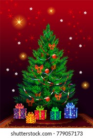Magical Christmas background with christmas tree and gifts box.