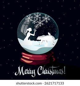 Magical Christmas card featuring a snow globe with a girl, polar bear, and bird inside, surrounded by snowflakes. “Merry Christmas!” message below adds festive charm and winter wonder.