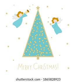 Magical Christmas card with Xmas blue fir tree, garlands with light bulbs, angels with trumpet and gold stars. Inscription Merry Christmas. Vector illustration for printable greeting card, poster