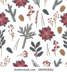 Magical Christmas Flowers. Christmas Cozy set in flat style. Ideal for textiles, decor, posters and invitations. Seamless pattern with hand drawn Christmas flowers