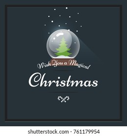 Magical christmas. Greeting card in flat style with christmas ball with tree inside.