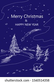 Magical Christmas night. Polar bear, shooting star, winter landscape, lonely house  vector greeting card. Blue background.