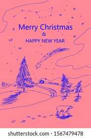 Magical Christmas night. Polar bear, shooting star, winter landscape, lonely house  vector greeting card. Peachy background.