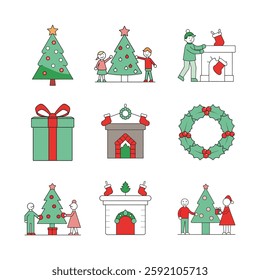 Magical Christmas- outline vector illustrations of holiday traditions, festive joy, and winter cheer