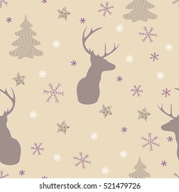 Magical Christmas pattern featuring a deer silhouette, lacy Christmas trees, snowflakes and stars. Vector hand drawn illustration in pastel colors with isolated objects on a vanilla color background.