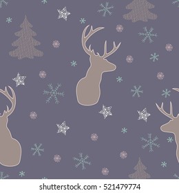 Magical Christmas pattern featuring a deer silhouette, lacy Christmas trees, snowflakes and stars. Vector hand drawn illustration in pastel colors with isolated objects on a dark purple background.