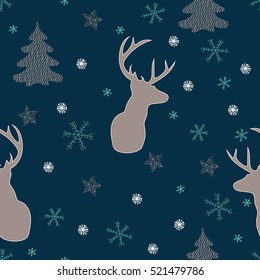 Magical Christmas pattern featuring a deer silhouette, lacy Christmas trees, snowflakes and stars. Vector hand drawn illustration in pastel colors with isolated objects on a dark  blue background.