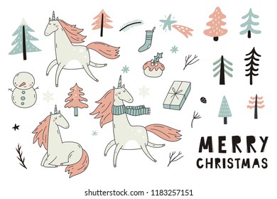 Magical Christmas print with Unicorn. Merry Christmas and Happy New year hand drawn vector print. Christmas lettering and calligraphy set
