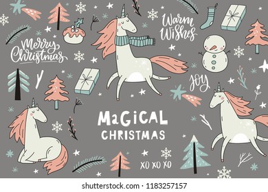 Magical Christmas print with Unicorn. Merry Christmas and Happy New year hand drawn vector print. Christmas lettering and calligraphy set
