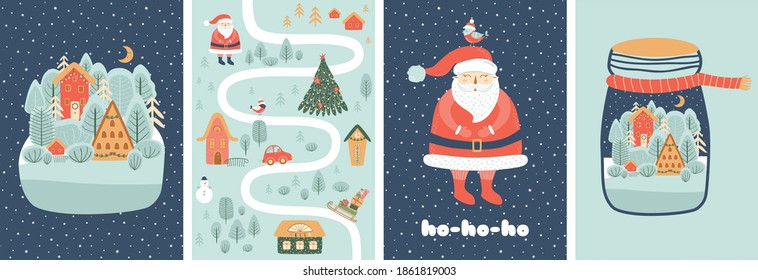 Magical christmas scene posters set. Christmas landscape, travel map, Santa Claus. Winter tempates. Village, forest