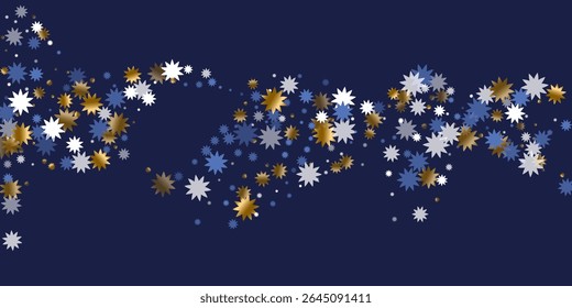 Magical Christmas star holiday pattern graphic design. Gold blue white shiny decoration. Banner snowflake pattern. Christmas star doodle elements. Festival festive decor.