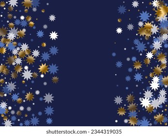 Magical Christmas star vector background illustration. Gold blue white twinkle confetti. Poster starburst pattern. Christmas star shape elements. Twinkling seasonal print.