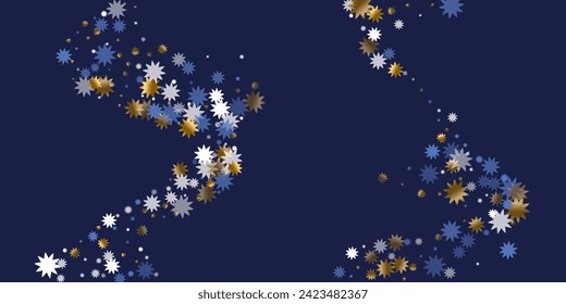 Diseño gráfico de fondo vectorial de estrella de Navidad mágica. Confeti de brillo blanco azul dorado. Patrón de copos de nieve de carteles. Partículas de icono de estrella de Navidad. Fondo de pantalla aleatorio de invierno.