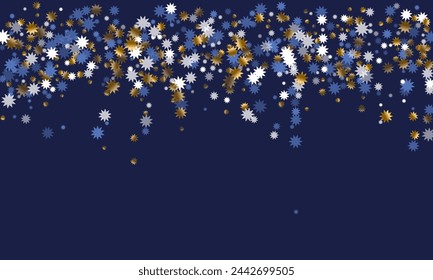 Magical Christmas star vector background graphic design. Gold blue white sparkle decoration. Poster starburst pattern. Christmas star icon shimmer. Sky luxury explosion.