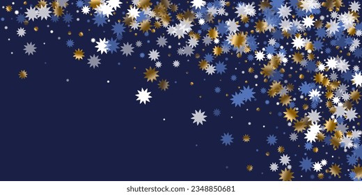 Magical Christmas star vector ornament graphic design. Gold blue white twinkle decoration. Poster starburst background. Christmas star doodle shimmer. Party traditional decor.