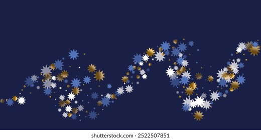 Magische Weihnachtsstern Vektor Scatter Grafikdesign. Goldblau weiß glänzende Dekoration. Poster Sternenstaub Ornament. Weihnachtsstern-Ikonenpartikel. Himmel blinkt Tapete.