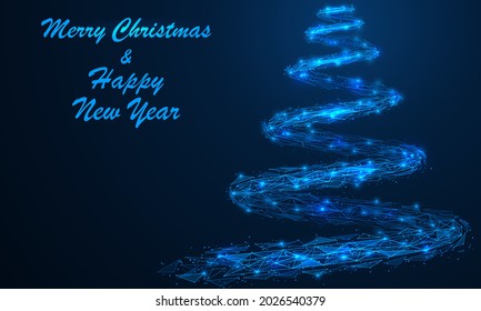 Magical Christmas tree. A polygonal wave of lines and points. Blue background.