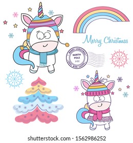 Magical Christmas unicorns collection on white background