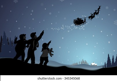 Magica ilustración navideña de niños que vieron a Santa Sleigh