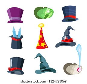 Magical circus props hats set.
Vector cartoon flat illustration.