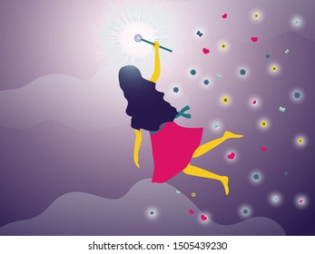 The magical cleans the space with her good magic. Vector illustration.