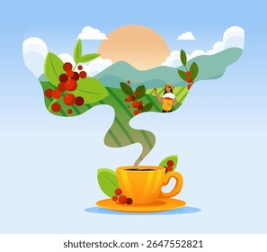 Aroma de café mágico com paisagem de plantação no vapor. Conceito para imagem promocional, empacotamento, página inicial. Ilustração de vetor plano. 
