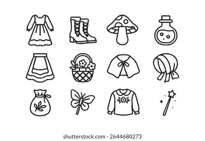 A magical collection of fairytale themed line art icons perfect for storybooks designs or enchanted craft projects with clothes, shoes, potions and a magical wand.