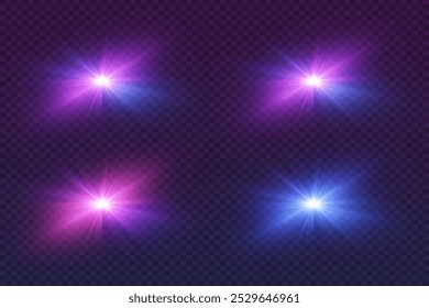 A magical collection of light sparks and a flash of flare. Light stars and explosion. On a transparent background.