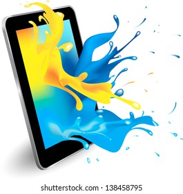 Magical color splash from tablet computer conceptual vector design .This image contains a gradient mesh and blending mode.