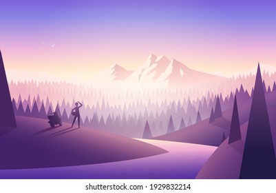 Magical colorful morning mountain landscape with river, forest, where the traveler motorcyclist stands in the foreground