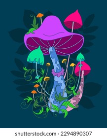 magical colorful mushrooms on a background of dark forest leaves