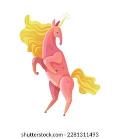 Magical colorful unicorn getting on hind legs cartoon vector illustration