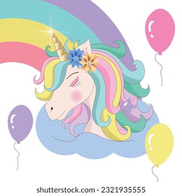 Magical colorful unicorn with gold horn, rainbow and balloons. Vector illustration. EPS10