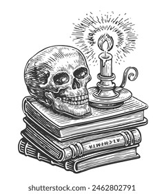 Composición mágica con calavera, pila de libros de hechizos y candelabro con vela ardiente. Halloween, dibujo de bocetos místicos