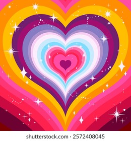 Magical Concentric Heart Tunnel with Stars. Love retro heart tunnel in groovy style. Trendy girly abstract love design. Colorful romantic background
