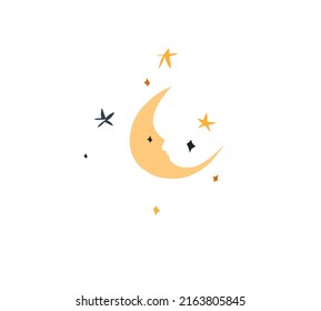A magical cosmic crescent face that glows like the sun.Mystical spiritual,abstract symbol doing magic with stars and moon.Cartoon style.Hand drawn contemporary art, isolated vector illustration.