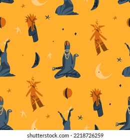 Magical cosmic illustration clipart seamless pattern with moon,star and cute alien characters.Cosmic abstract background.Cartoon style.Hand drawn contemporary art.Cosmos alien cute pattern background.